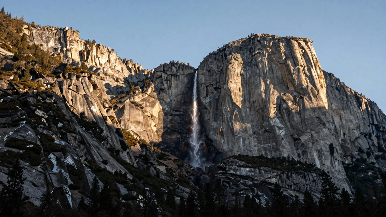 Vertical granite cliffs of Yosemite with a waterfall