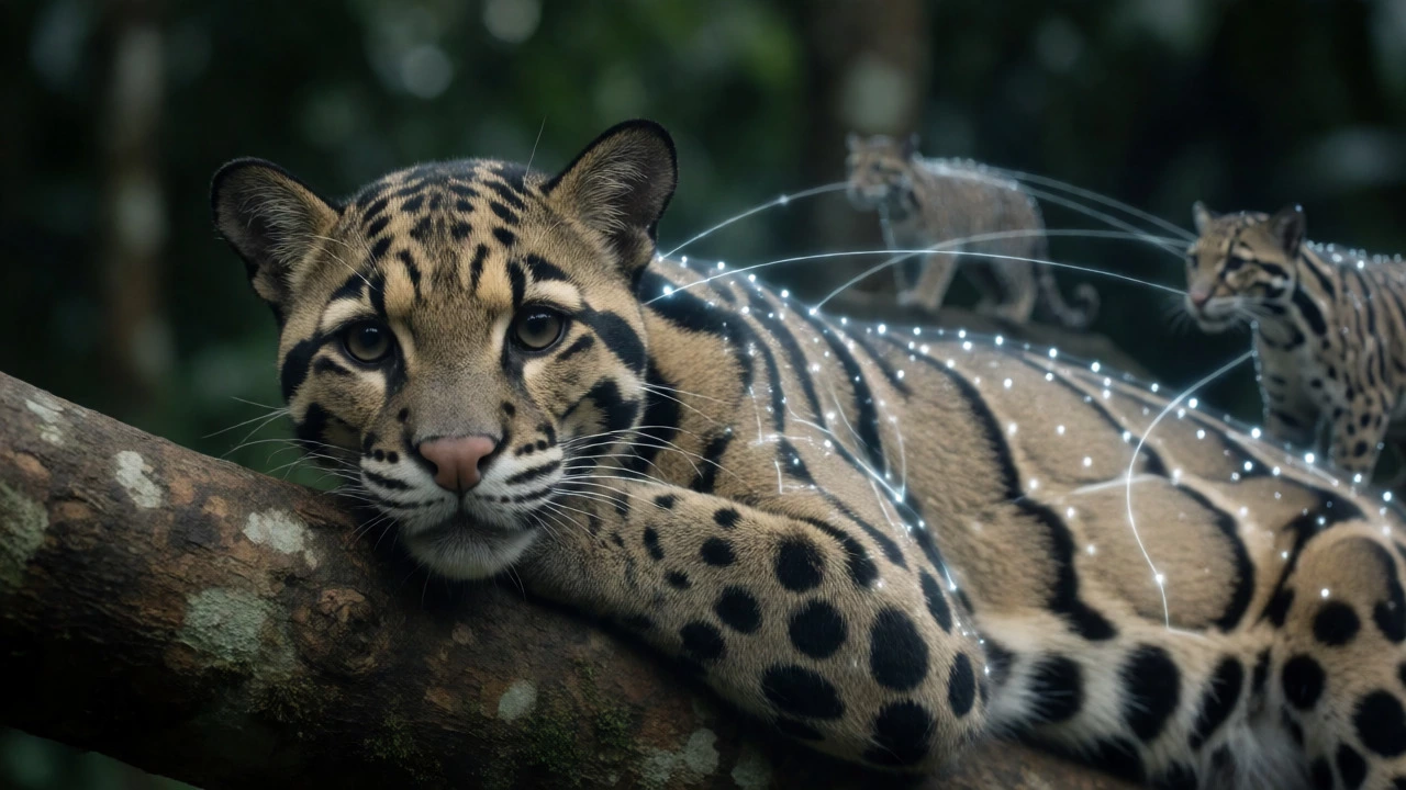A clouded leopard on a branch with subtle digital tracking overlays representing research.