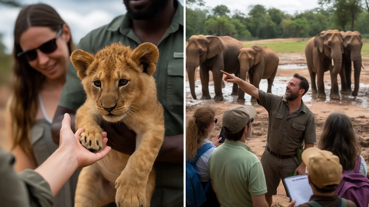 A guide educates tourists observing free-roaming elephants instead of touching them.