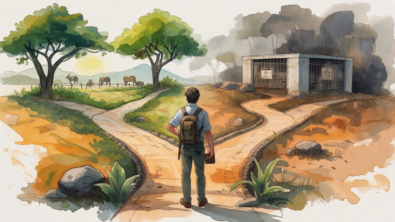 A traveler chooses a natural sanctuary path over a concrete cage facility.