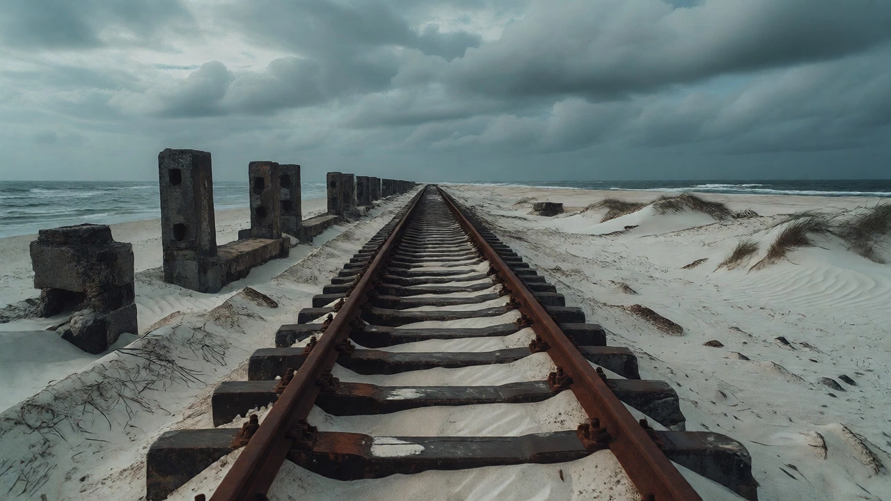 Abandoned railway tracks disappearing into the sea at Dhanushkodi