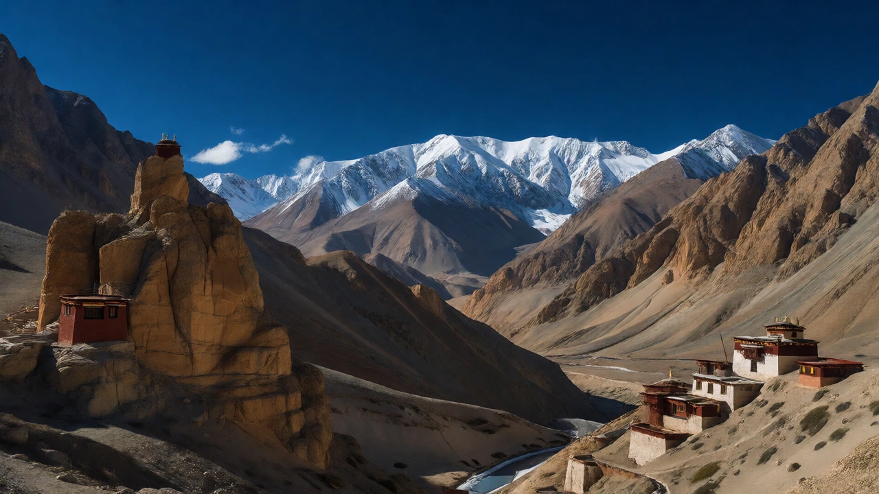 Ancient monastery on cliff edges in the stark, snowy Spiti Valley landscape