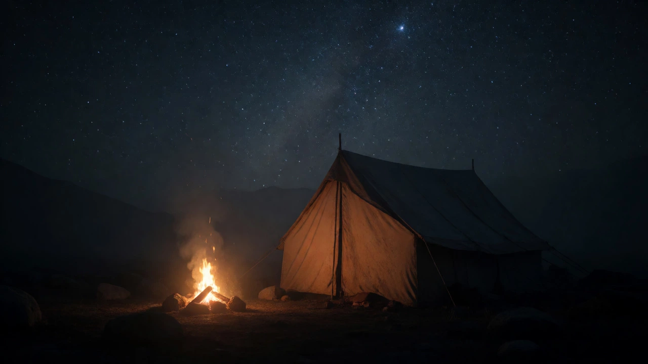 Basic campsite with fire under starry Himalayan night sky