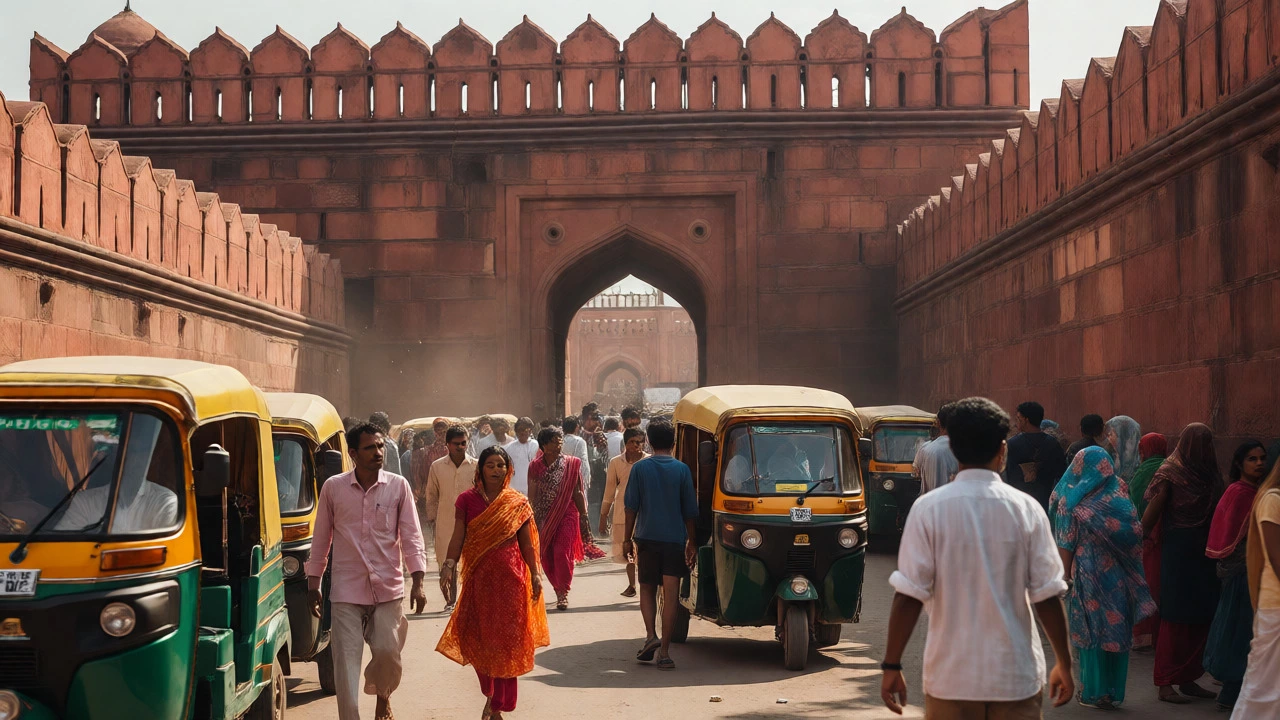 Crowded streets outside the Red Fort in Old Delhi under bright sun