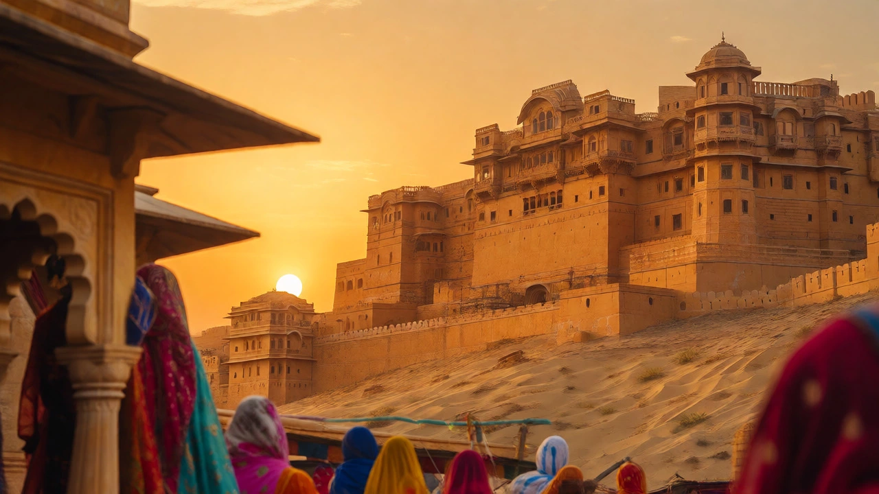 Jaisalmer Fort glowing gold at sunset amidst the Thar Desert dunes