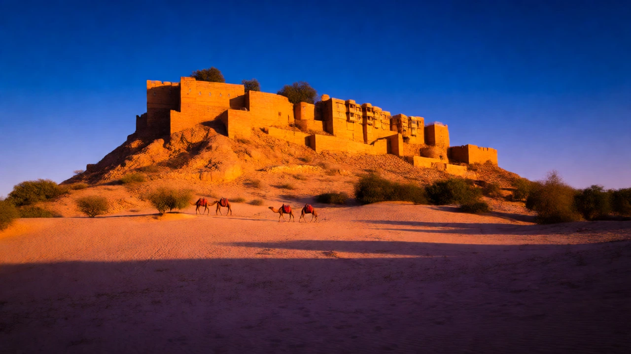 Jaisalmer Fort glowing gold at sunset overlooking the Thar Desert