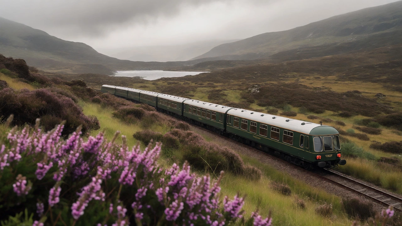 Luxury train traveling through scenic Scottish Highlands with misty mountains