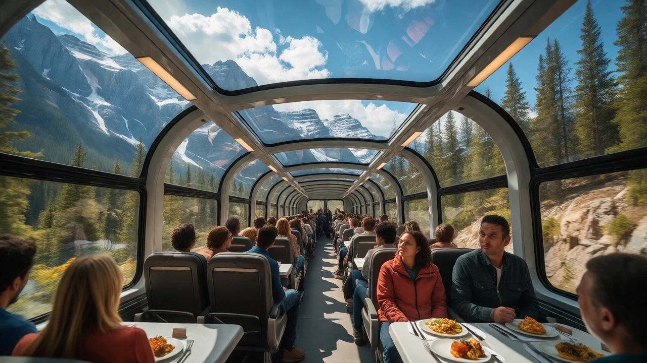 Passengers viewing Canadian Rockies through glass-domed train ceiling