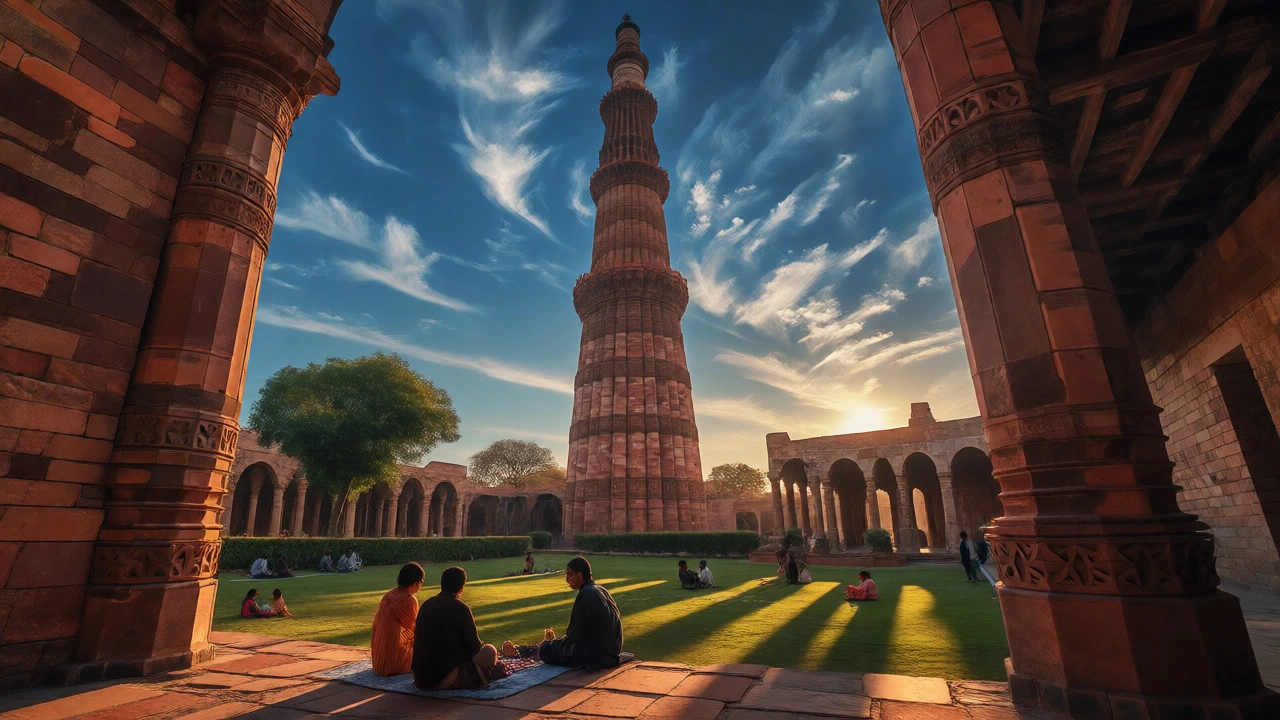 Qutub Minar towering over people relaxing in its garden grounds