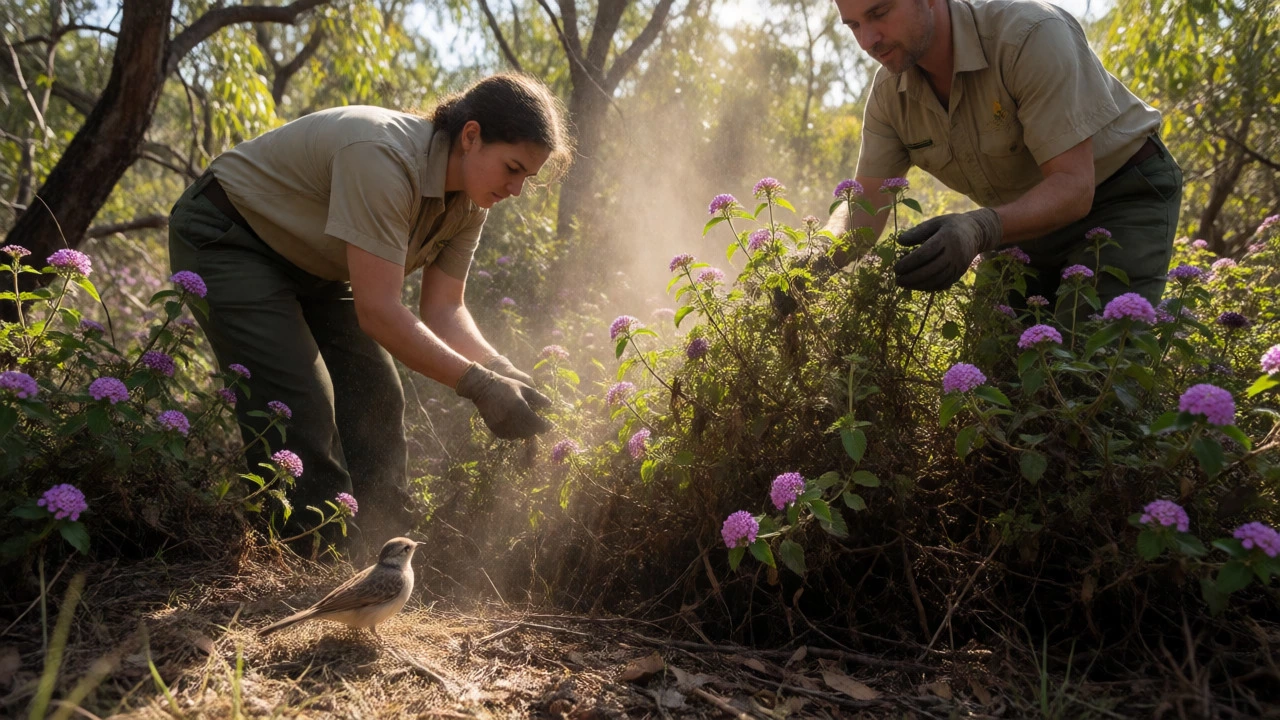 Rangers removing invasive weeds from a wetland to restore native plant habitats.