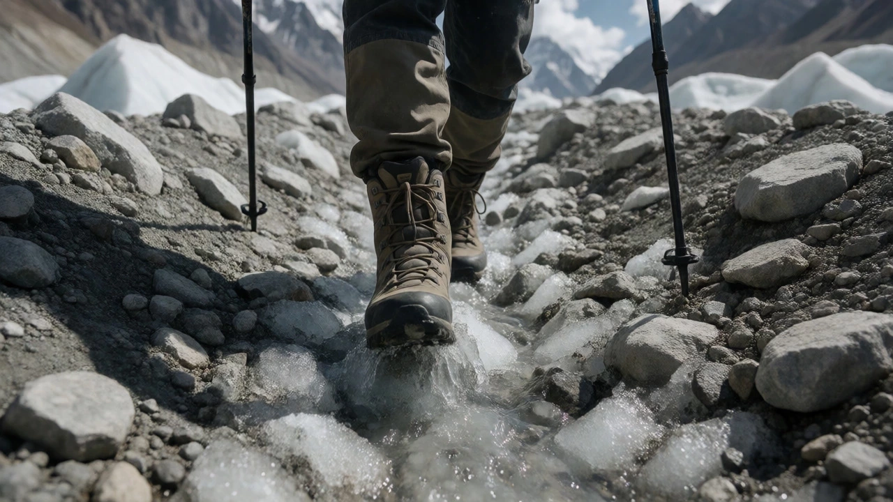Trekker navigating unstable glacial moraine terrain in Sikkim