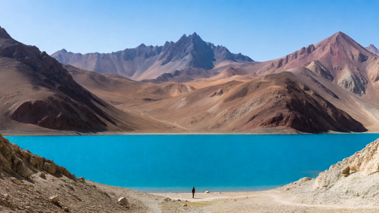 Turquoise Pangong Lake surrounded by colorful barren mountains in Ladakh