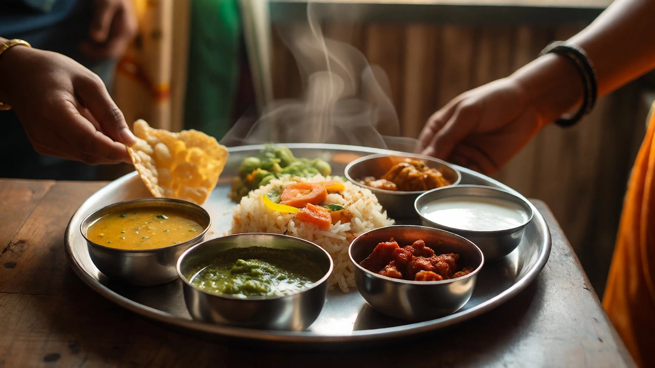 Close-up of a colorful traditional Indian thali meal with various dishes