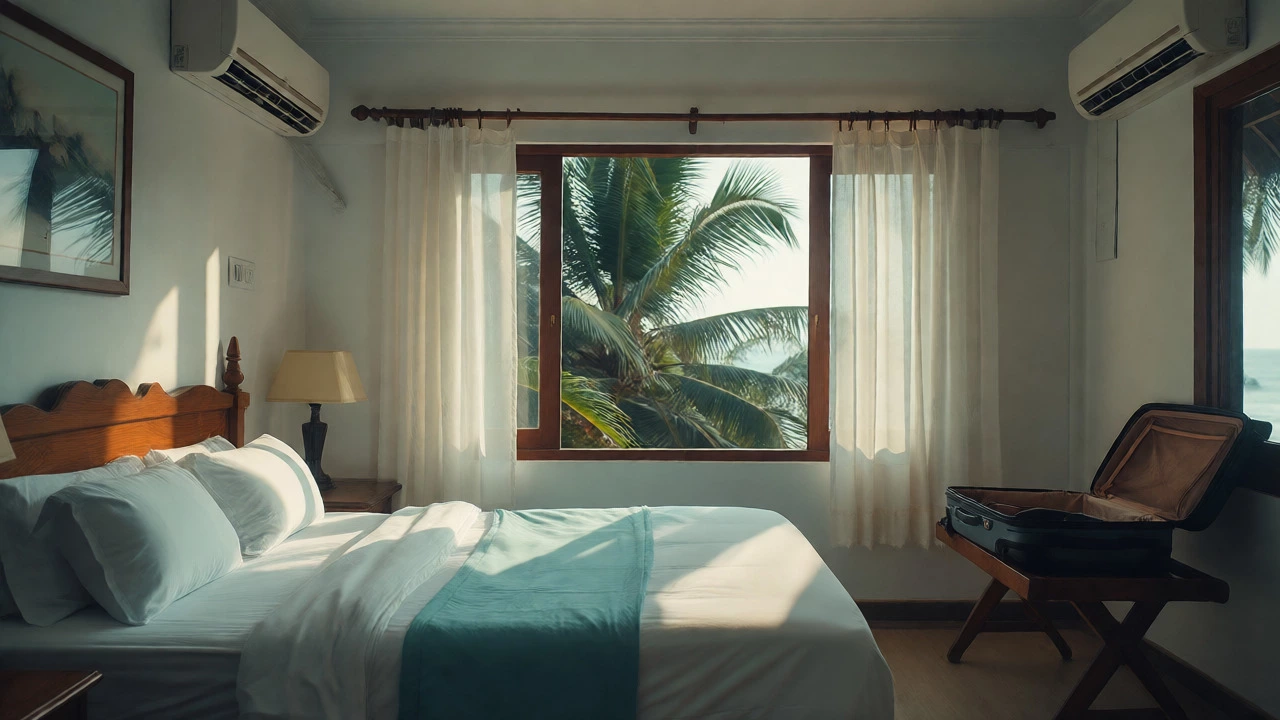 Comfortable mid-range hotel room in Varkala with ocean views and tropical greenery.