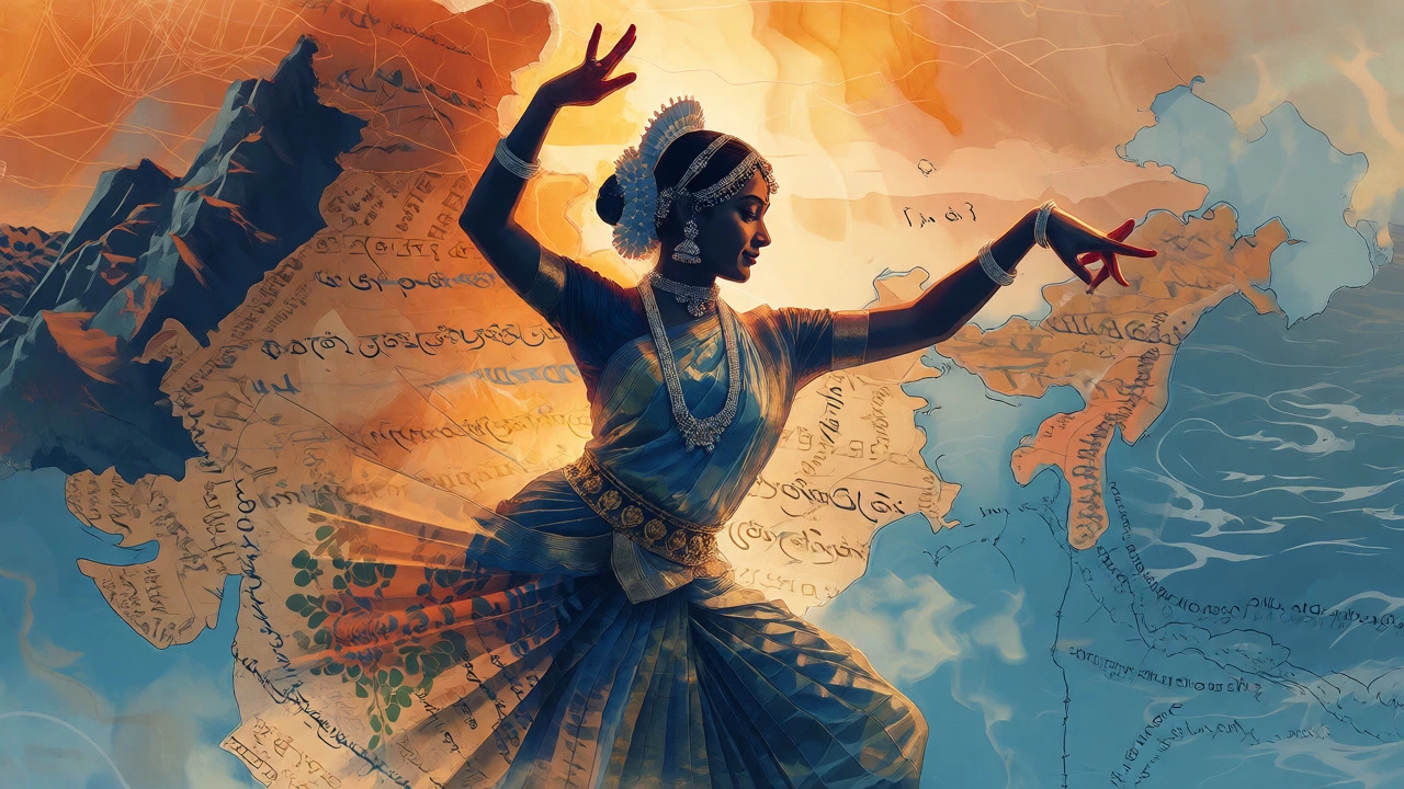Conceptual art of a dancer overlaid with historical scripts and cultural patterns