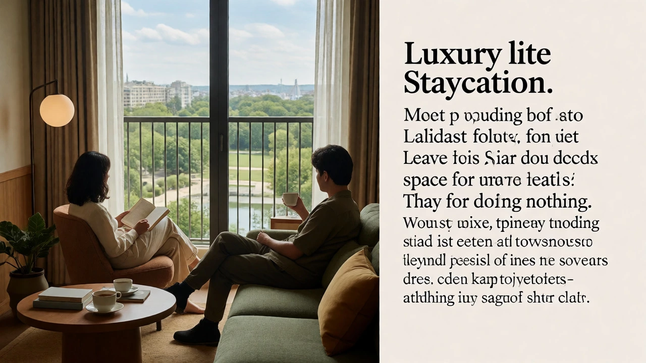 Couple relaxing on a hotel balcony during a staycation