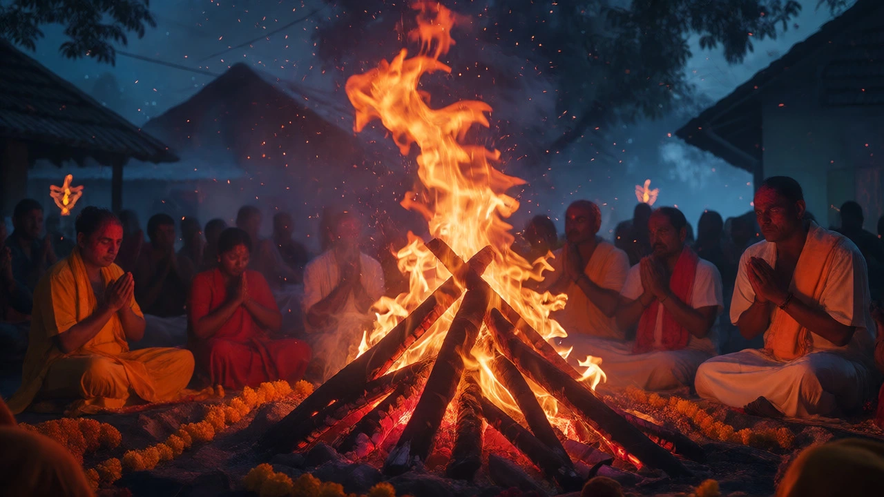 Devotees praying around a large Holika Dahan bonfire at night