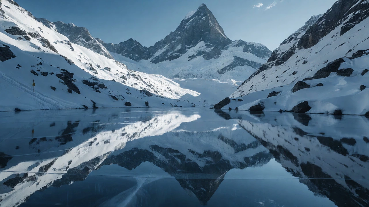 Frozen Brahmatal lake reflecting Himalayan peaks