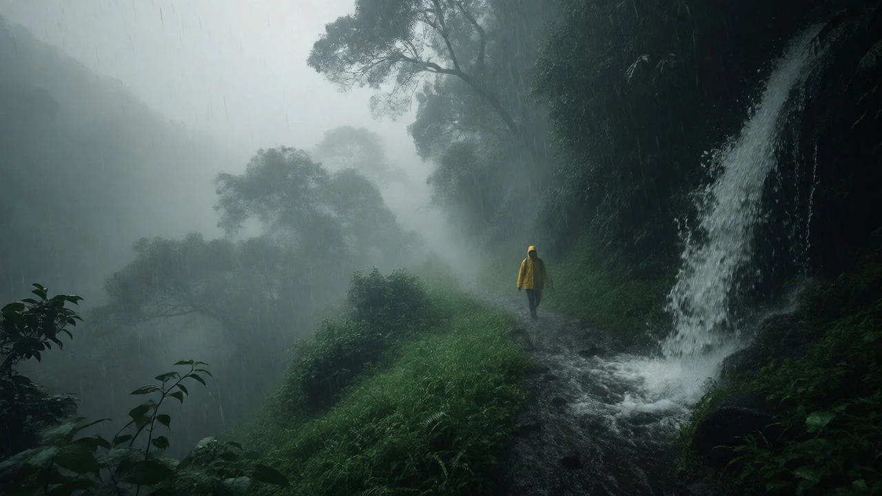 Hiker in yellow raincoat on misty, waterfall-lined trail in Western Ghats