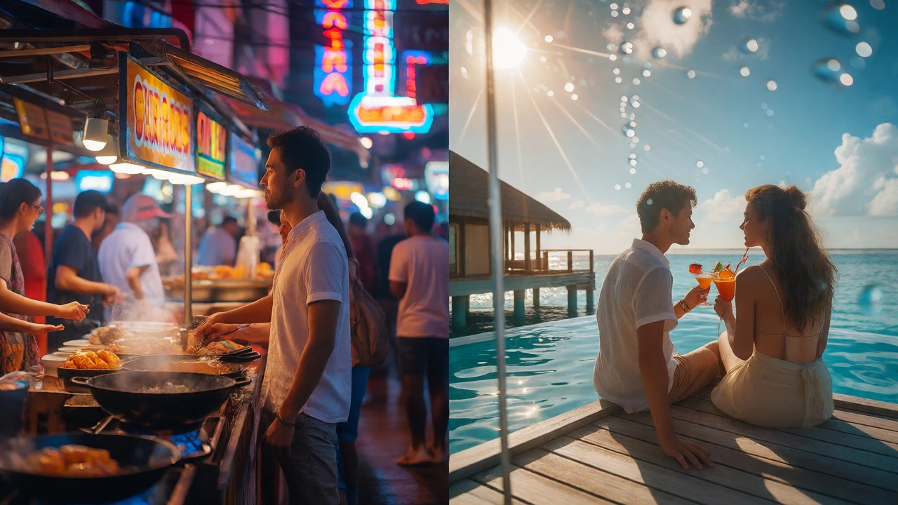 Split view of busy street food market and quiet overwater bungalow