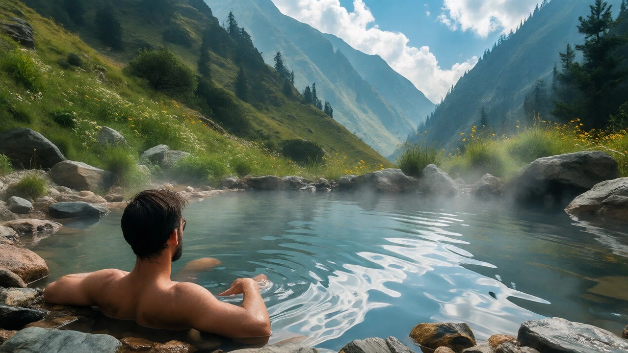 Trekker soaking in steaming hot springs at Kheerganga
