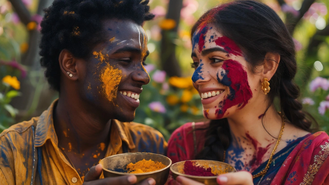 Two people applying colored powder to each other's faces