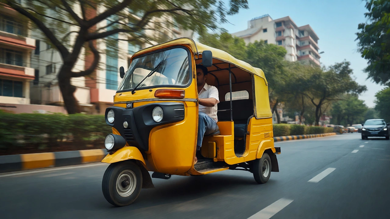 Yellow auto-rickshaw driving smoothly through a tree-lined street in Bengaluru.